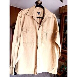 J. Peterman Large Khaki Long Sleeve Button Front Cotton Shirt Casual